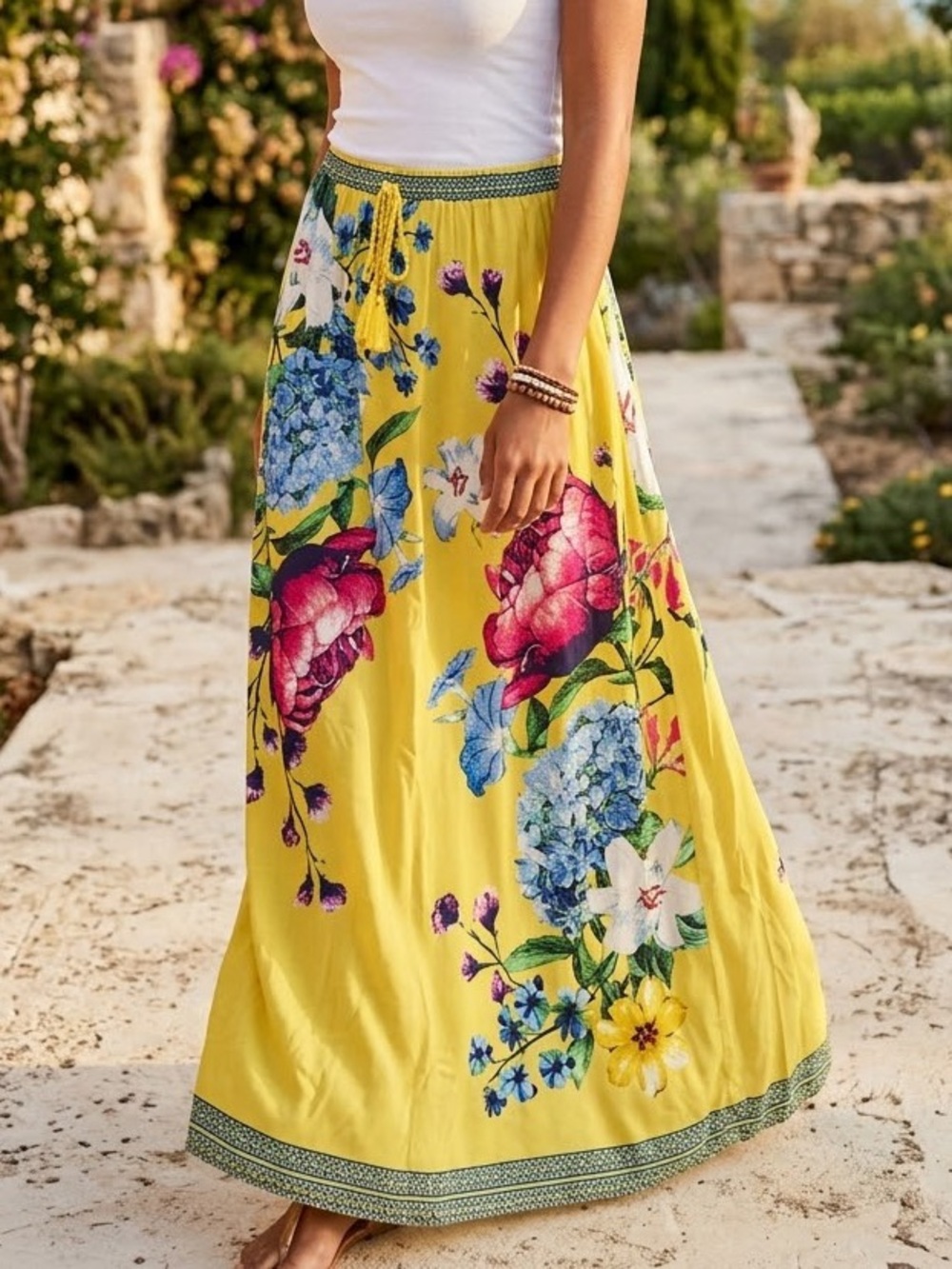 Flying Tomato Yellow Floral Maxi Skirt Multicolor Blooms Dopamine Happy EUC